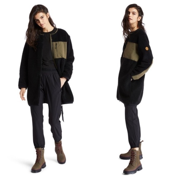 TIMBERLAND LONG ZIP UP SHERPA COLORBLOCK COLLARLESS THERMAL COZY JACKET - Picture 1 of 15